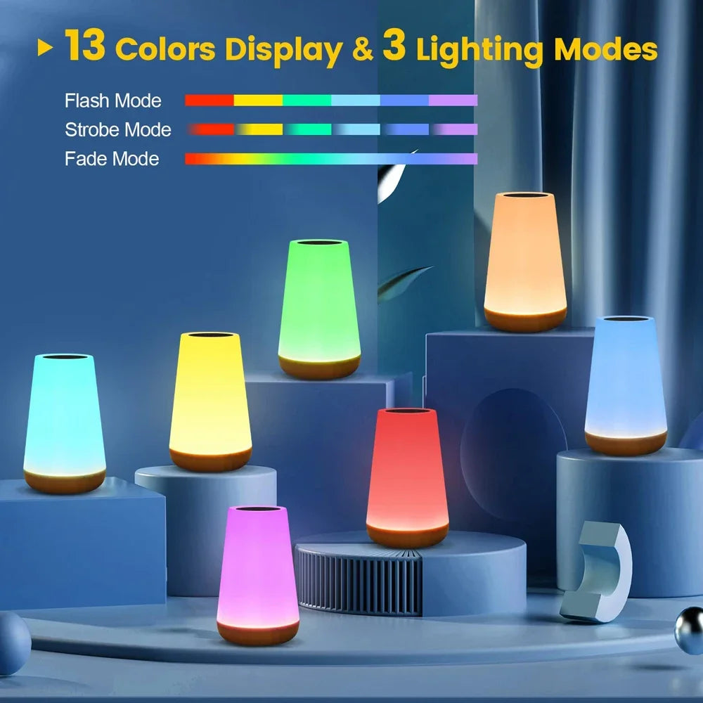 LED RGB Night Light – 13-Color Changing Dimmable Lamp with Remote Control, Touch & USB Rechargeable Portable Bedside Table Lamp